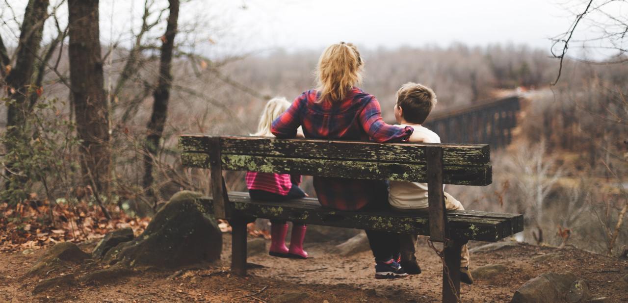 mother with her children sitting on a bench