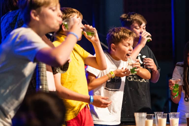 Children playing disgusting competitive games on the Newday stage