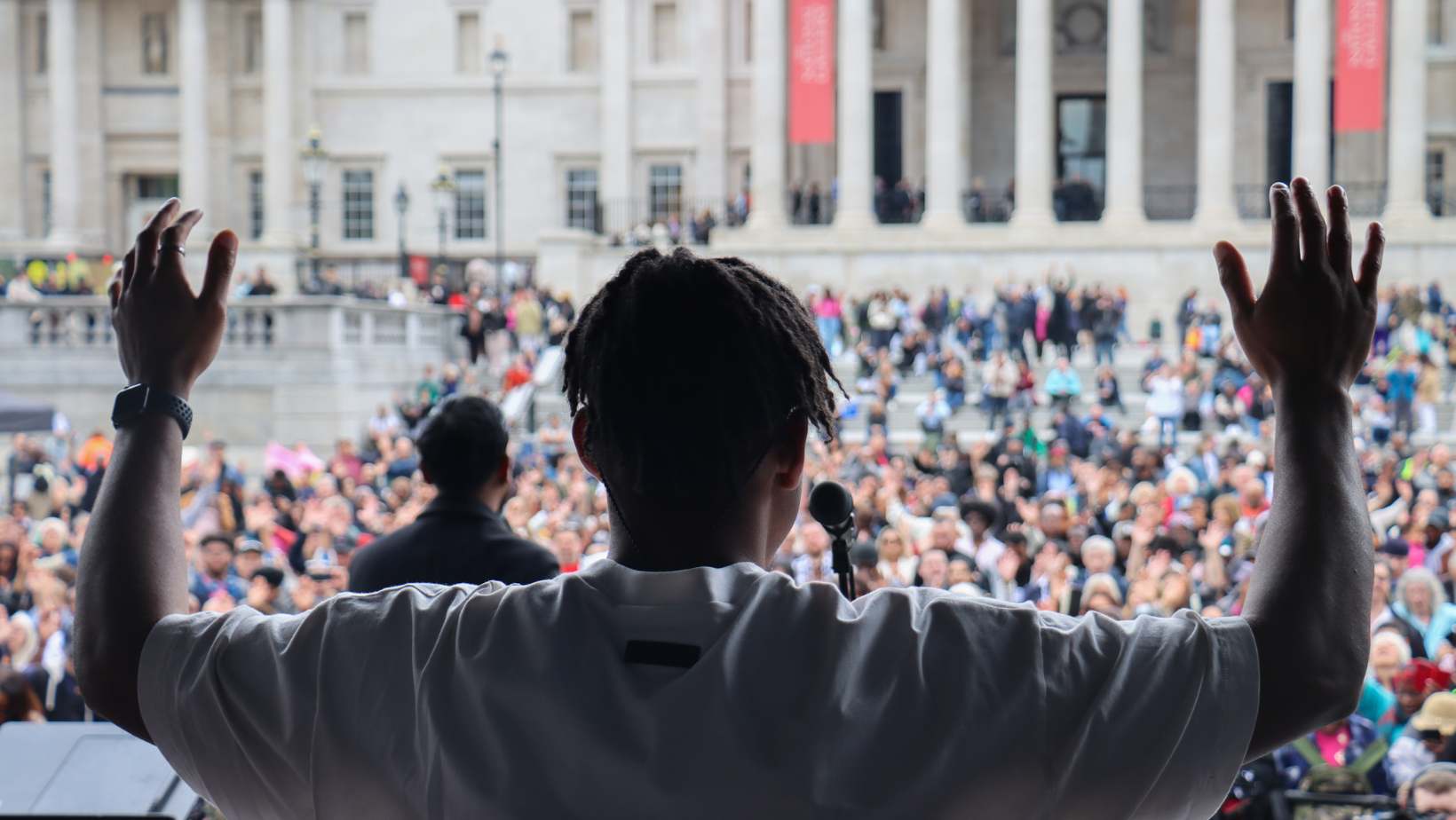 Worship leader at the Trafalgar Square Outreach, May 2024