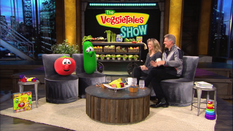 Matt and Laurie Crouch talking to Bob and Larry from Veggietales