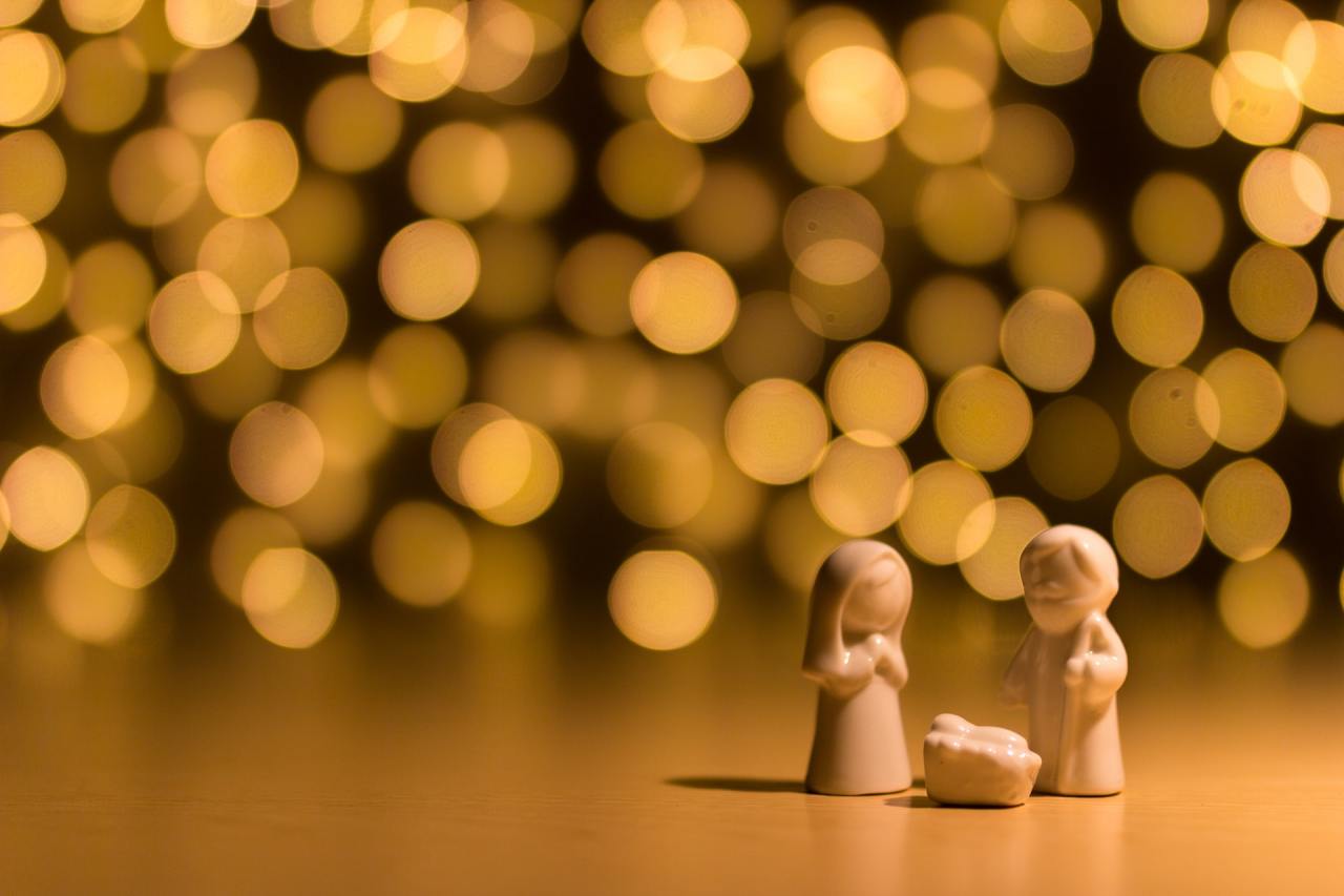 Christmas lights and a nativity